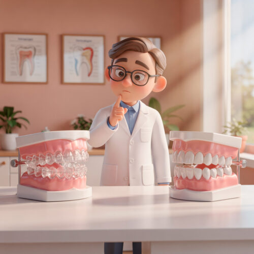An animated dentist wearing glasses and a white lab coat thoughtfully compares two dental models on a table, one with Invisalign aligners and the other with porcelain veneers, illustrating the decision between Invisalign or veneers in a modern dental office setting