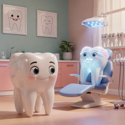A cute, animated dental clinic scene featuring two smiling cartoon teeth characters, one standing on the floor and another sitting in a dental chair under a treatment light, with pastel-colored cabinets, dental tools, and tooth-themed wall art in the background.