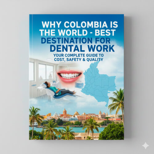 Here is the Alt Text in English, optimized for web accessibility and SEO: Alt Text: "Professional guide cover titled 'Why Colombia Is the World's Best Destination for Dental Work.' The design features a high-tech modern dental clinic, a close-up of a perfect white smile, and a map of Colombia. The bottom section showcases a scenic view of Cartagena's colonial architecture and palm trees, blending professional healthcare with luxury travel.