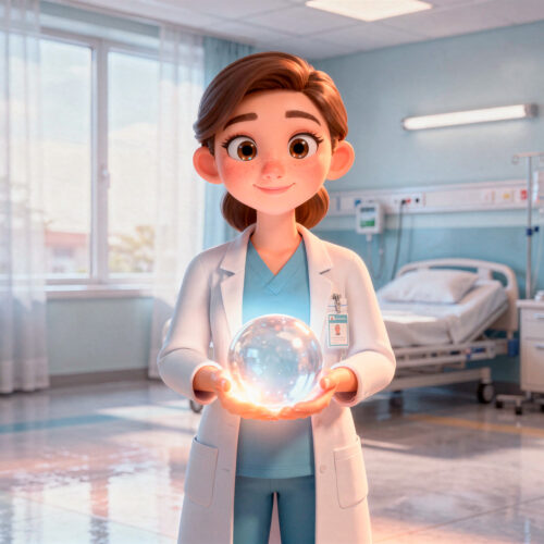 A friendly, animated female doctor wearing blue scrubs and a white lab coat stands in a bright hospital room, holding a glowing glass sphere in her hands, with a hospital bed and medical equipment softly blurred in the background.