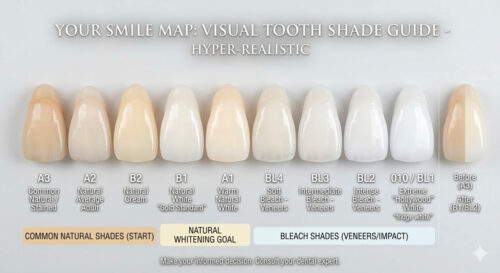 Hyper-realistic dental shade guide comparing VITA natural shades A3 to B1 and Hollywood Bleach shades BL1 to BL4 for veneers and whitening.