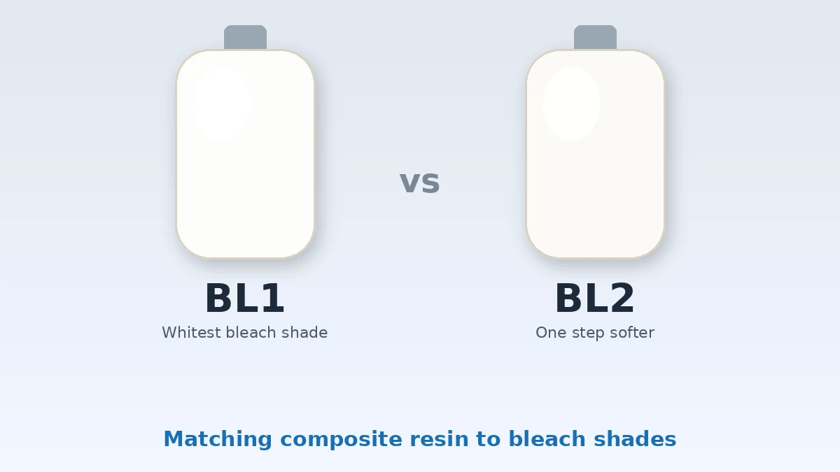 Illustration of two white dental shade tabs labeled BL1 and BL2, comparing bleach shades for composite resin bonding