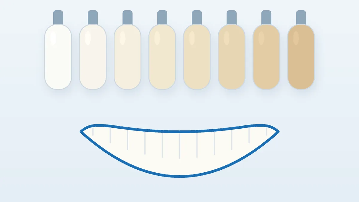 What shade are my teeth: illustration of dental shade guide tabs from lightest to darker next to a smile outline